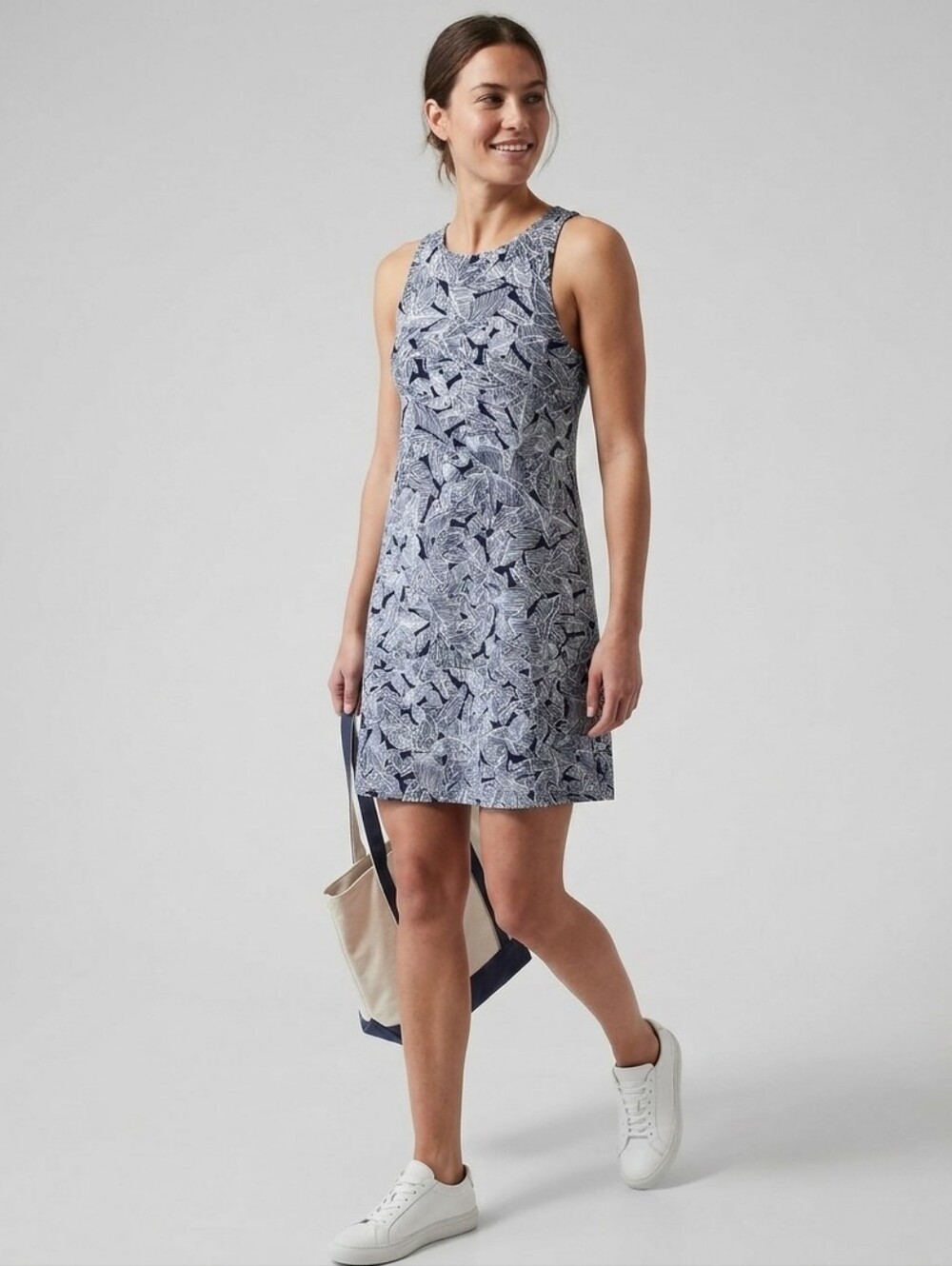 Athleta Santorini High Neck Dress Navy & White Palm Leaf Print